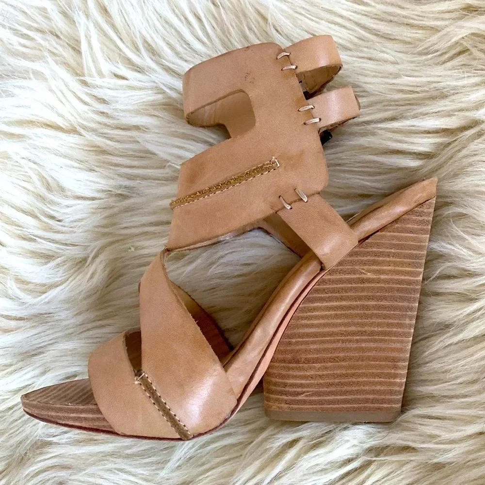 Leon Max Tan Wedge Sandals Chunky Heel Ankle Straps 8.5 New Boho Beach Vacation